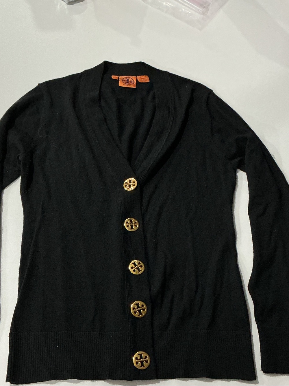 Tory Burch Black V-Neck Cardigan with Gold Logo Buttons